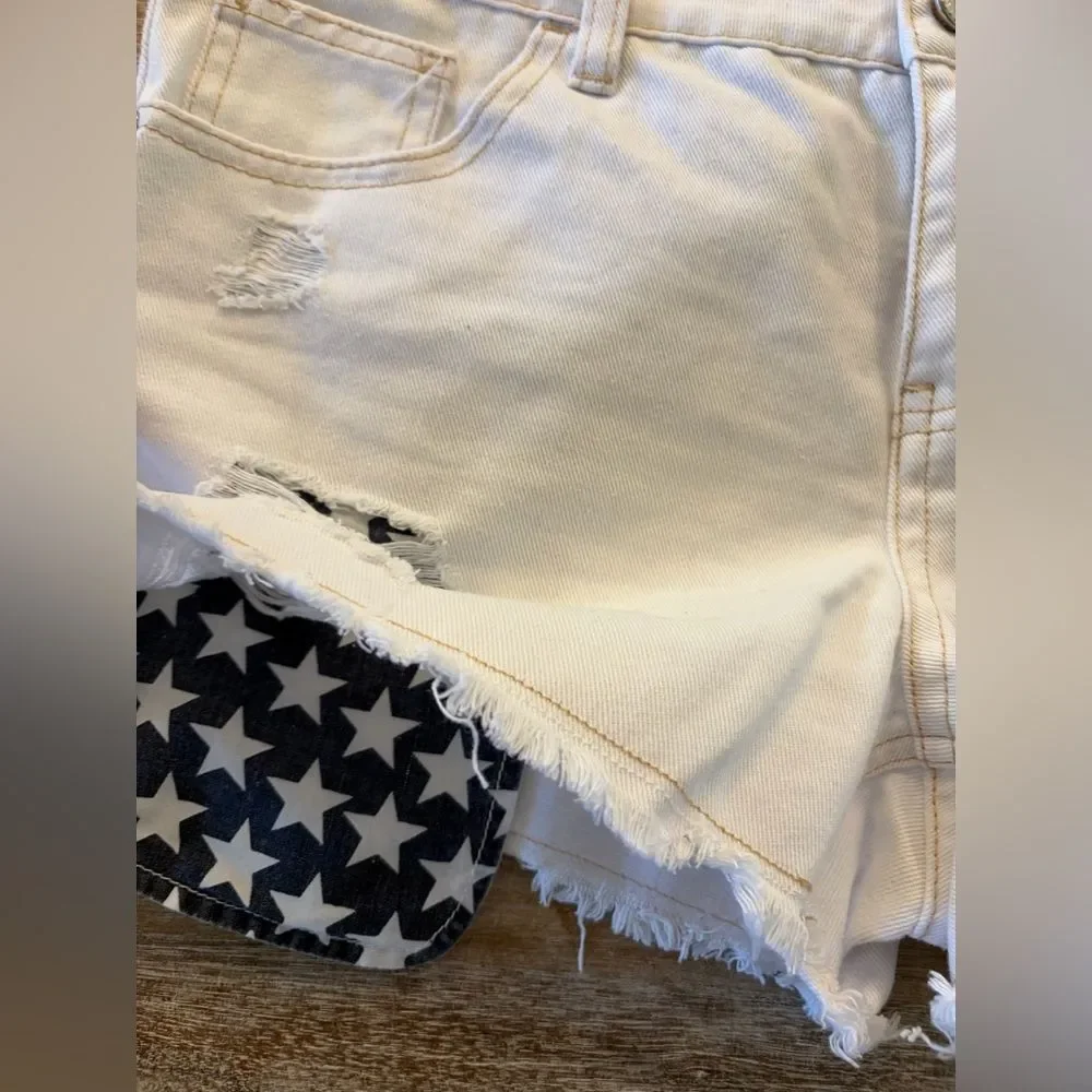 Justice Girls 16 1/2 White Distressed Jean Shorts USA Flag Pockets Stars Stripes